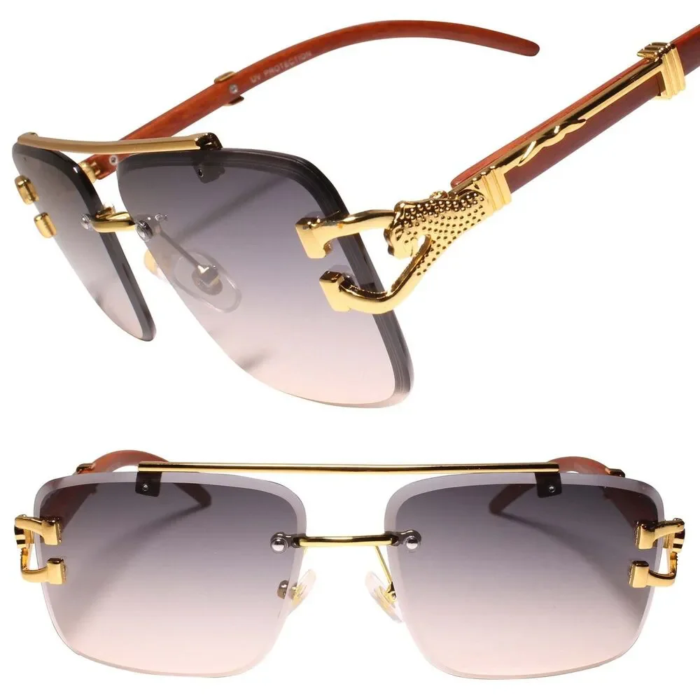 Diamond Cut Lens Gold & Faux Wood Frame Swag Hip Hop Rapper DJ Style Sunglasses
